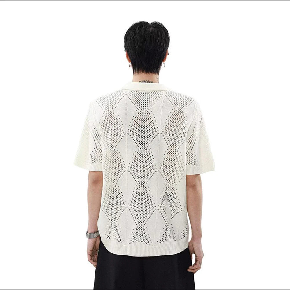 Men's Solid Color Hollow Short-Sleeved T-Shirt American Retro Fashion Trend Casual Simple Loose Breathable Summer New Men's Tops