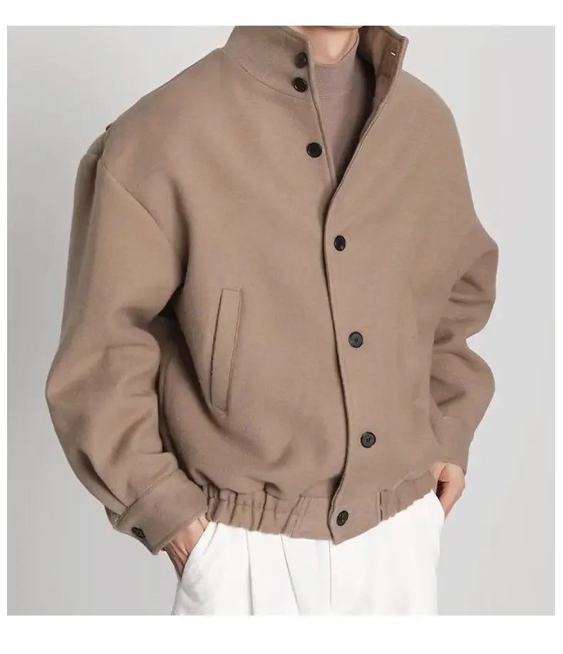 Autumn Winter Men's Fashion Stand Collar Jacket Woolen Coat British Style Baseball Design Workwear Thin Model Summer Suitable