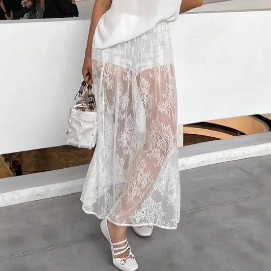 Talenza Lace See-through Skirt Women's White Floral High Waist Patchwork Skirt Lady Summer Sexy Party Elegant A-Line Long Skirt