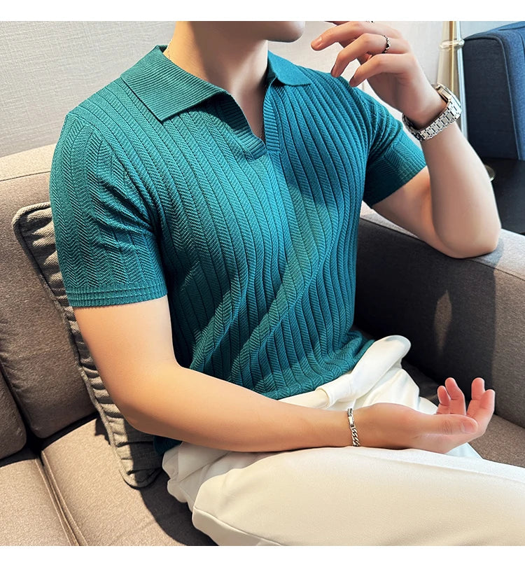 Men Striped Polo Shirt 2025 Summer Light Thin Breathable Solid Casual Elastic Slim Fit Short Sleeved V-neck T-shirt Men Clothing