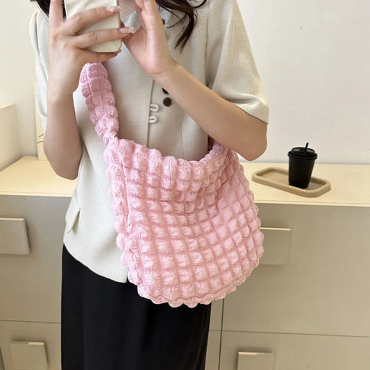 Crossbody Bag With Pleated Design Embroidered Plaid Shoulder Bag Underarm Bags Simple Large Capacity Quilted Tote Bags For Women