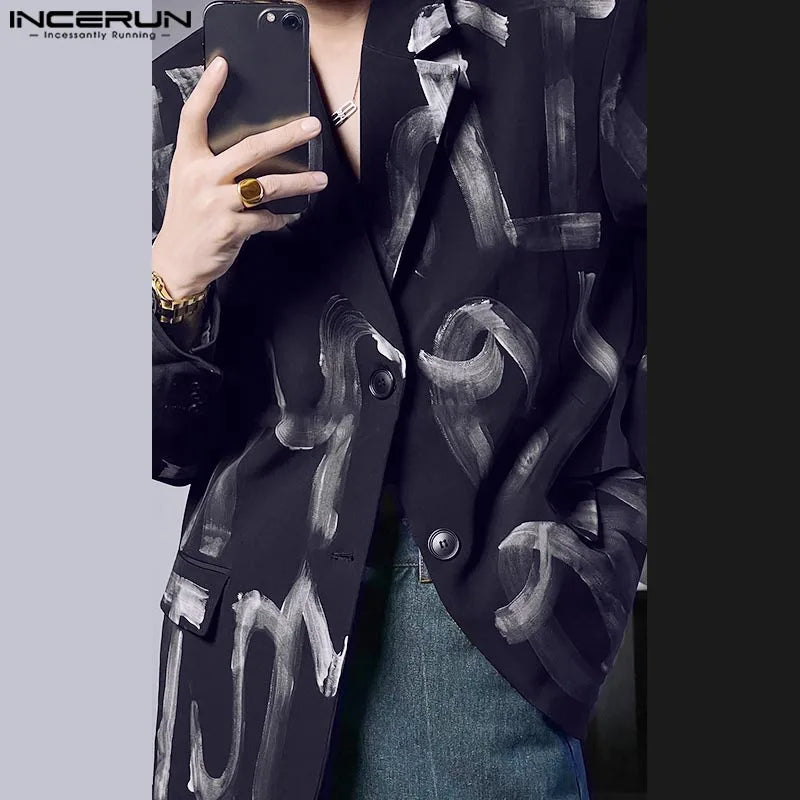 Fashion Casual Style Tops INCERUN Handsome Men's Art Hand-painted Letter Suit Coat Streetwear Male All-match Long Sleeved Blazer