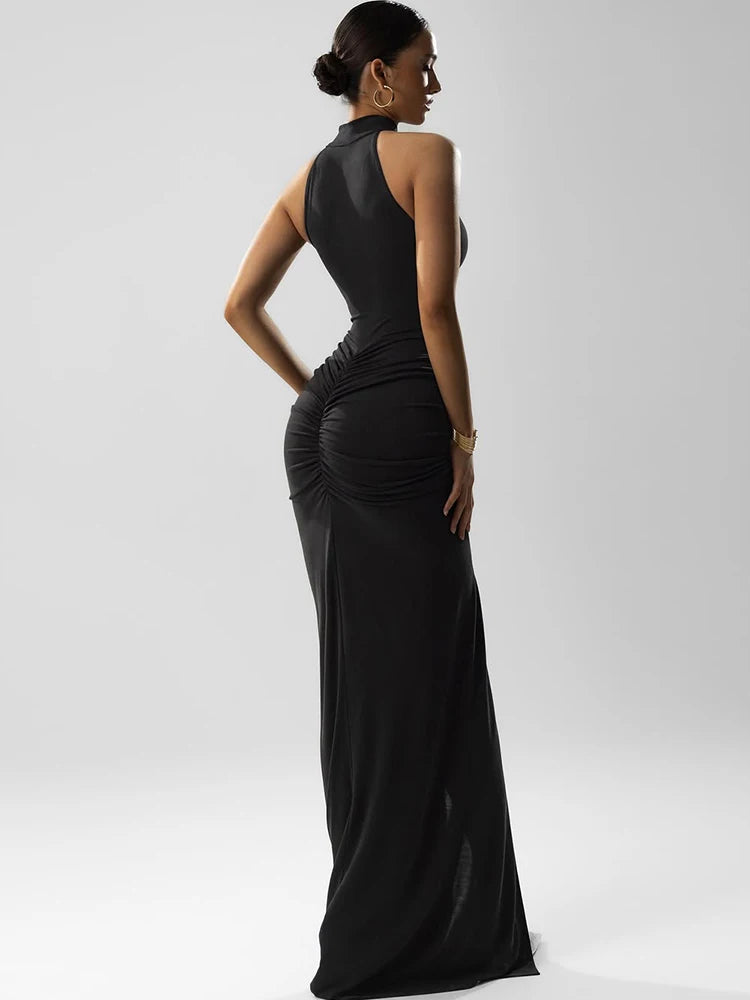 Weird Puss Peach Buttocks Dress Women Halter Pleated Solid Slim Slit Sexy Elegant Sleeveless Midnight Clubwear Party Vestidos
