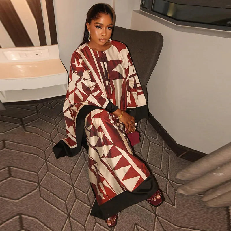 Fashion Print Pleated Long Dresses Women Party O-neck Full Sleeve Female Holiday Dresses 2025 Summer Lady Elegant  Robes