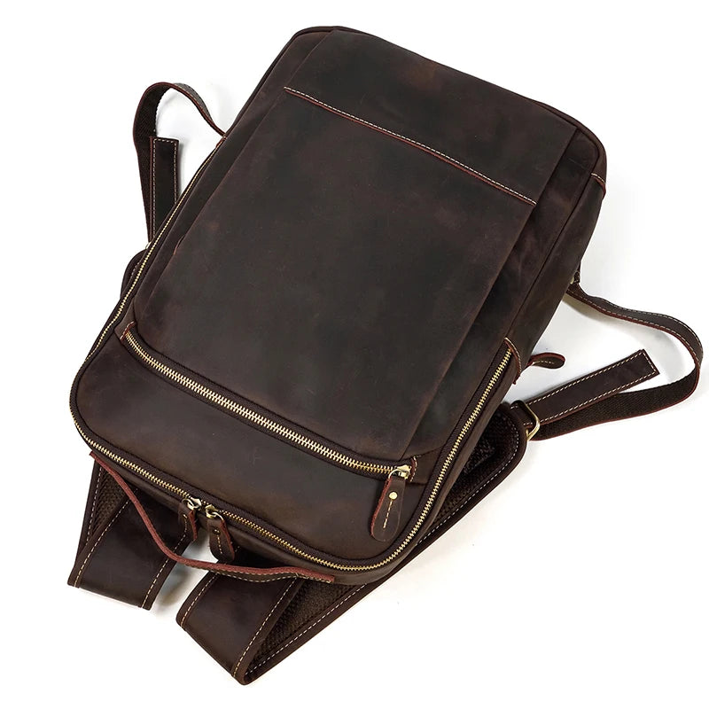 Vintage Travel Backpack leather double zipper bagpack male crazy horse leather backpack handmade leather travel bag men bag