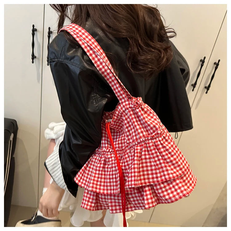 Korean Sle Large Capaci Canvas Tote Bag Blue Plaid Single oulder Skirt Pleated Gown Bag Faionable Casual Handbag