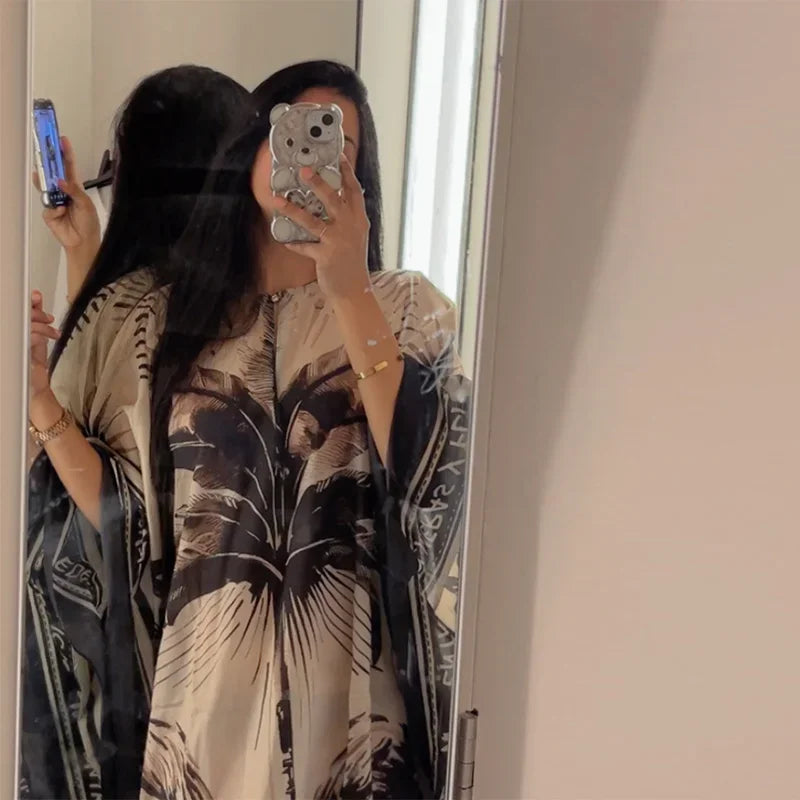 Fashion Print Pleated Long Dresses Women Party O-neck Full Sleeve Female Holiday Dresses 2025 Summer Lady Elegant  Robes