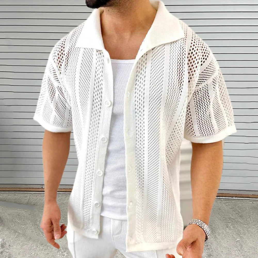 Summer Thin Men's Knitted Hollow Cardigan Short-Sleeved Shirt Retro Fashion Trend Casual Simple Loose Breathable Men's Tops