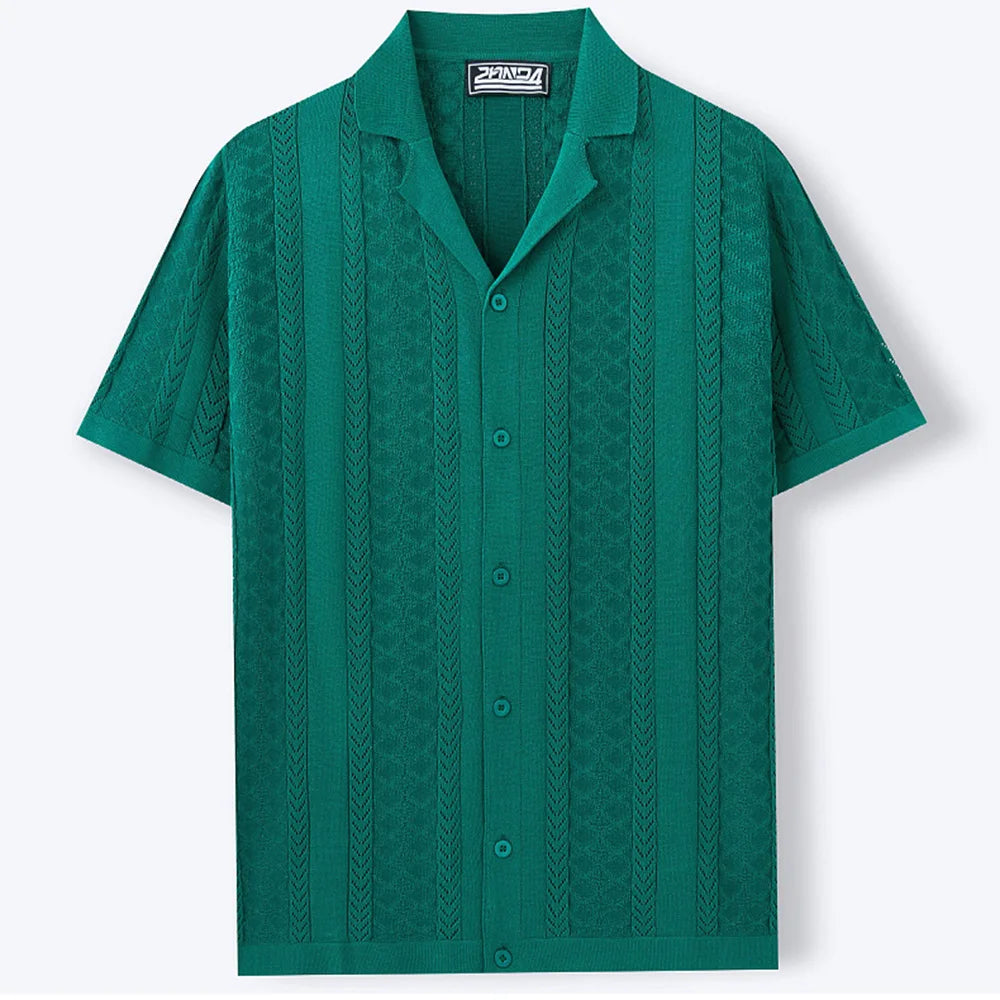 2025 Summer Men's Striped Hollow Solid Color Short Sleeve Knitted POLO Shirt Retro Casual Fashion Trend Simple Loose Men's Tops