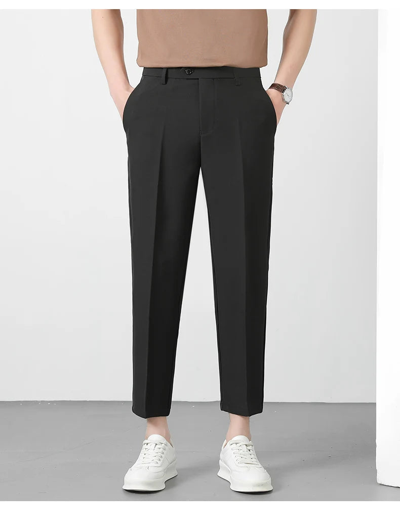 Spring Summer Suit Pants Men Business Smooth Slim Business Office Social Elastic Waist Ankle Length Formal Korean Trousers Male