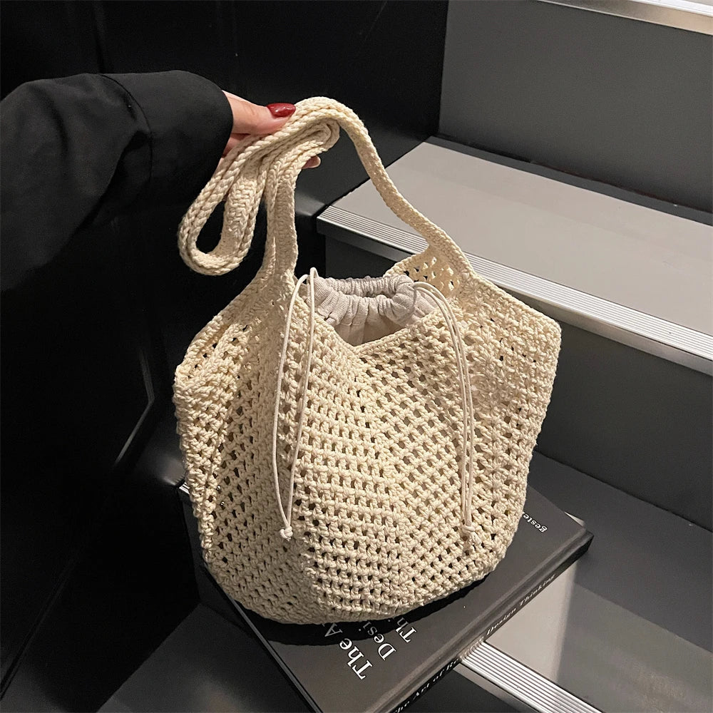 2025 Latest Summer Beach Straw Woven Tote Bag For Women 2-IN-1 Hollow-out Lightweight Large Capacity Shopper Shoulder Bag Female
