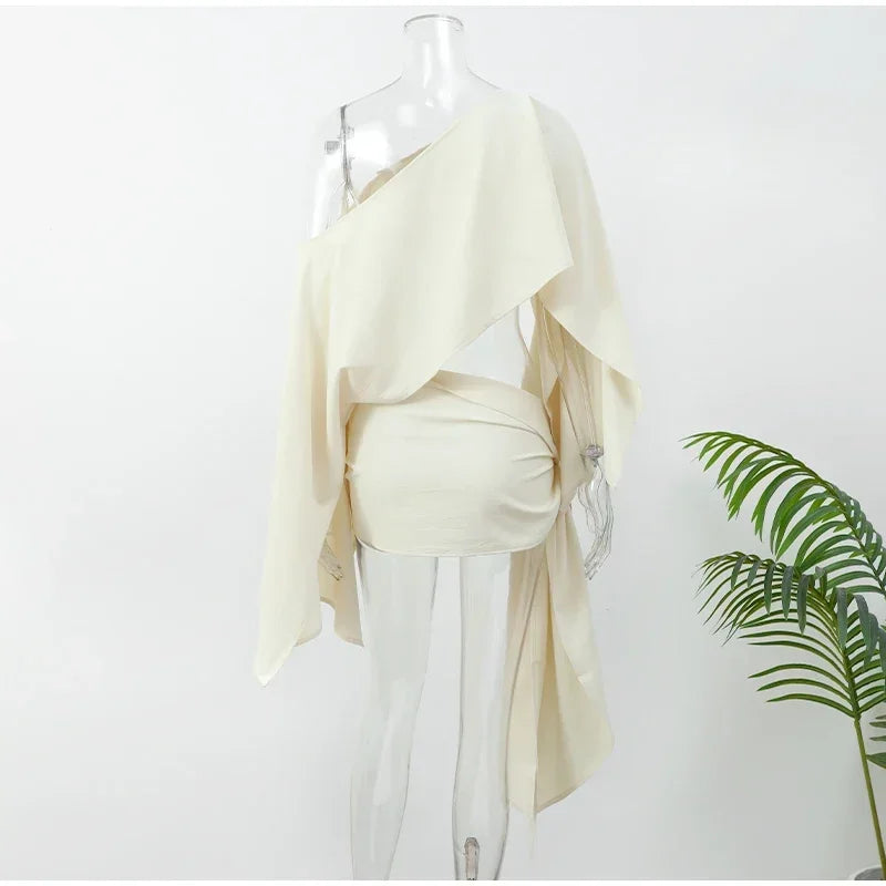 Sexy Solid Pleated Knot Mini Skirts Sets For Women Chic One Shoulder Flared Sleeve Loose Cape Tops Suits 2025 Lady Party Outfits