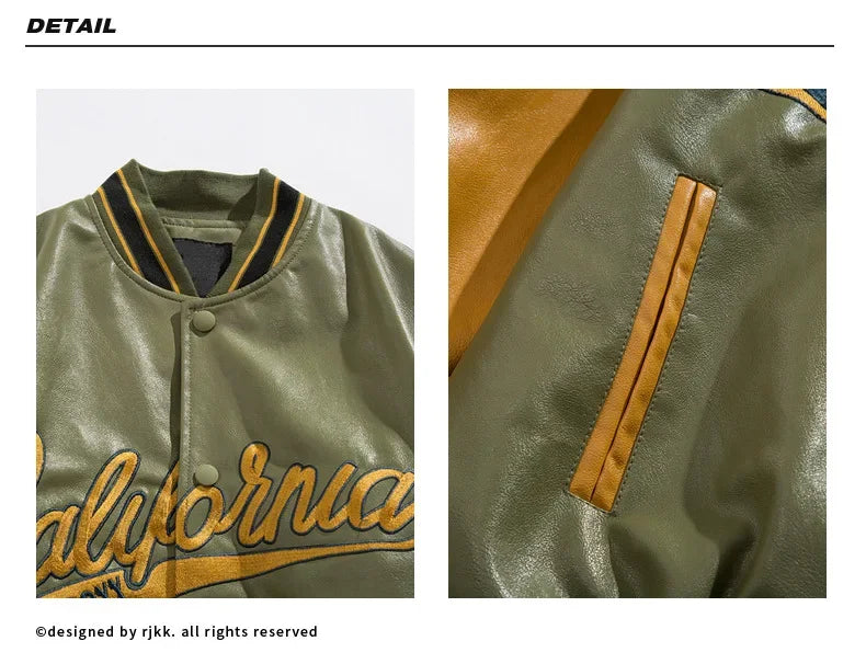Men's High-end Feel Baseball Jacket New Spring Autumn Style Embroidered Fighter Pilot Pu Leather Patchwork Color Blocking Top