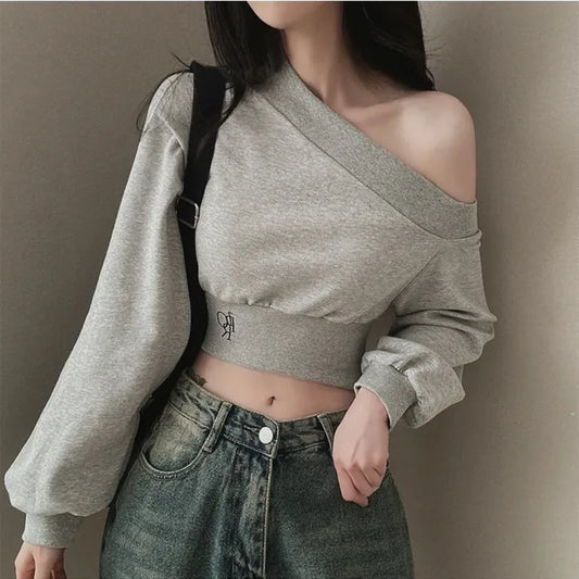 2025 Spring New Irregular Skew Collar Hoodies Women Sexy Fashion Sweatshirts Long Puff Sleeve Short Solid Slim Pullover Tops