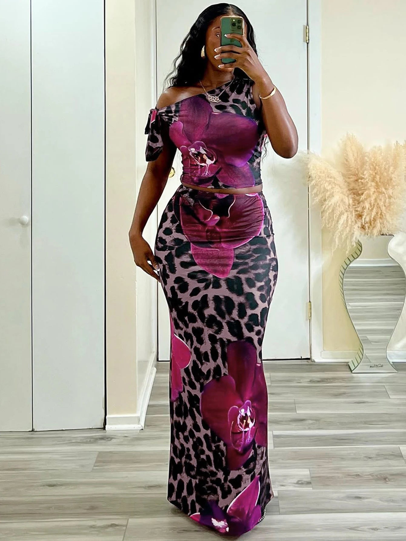 Dulzura Leopard Sexy Elegant Casual 2 Piece Skirt Set Sleeveless Bodycon Lace Up Tank Top Maxi Skirt Matching Set Party Clubwear