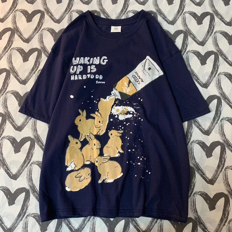 American Retro Rabbit Print Short Sleeved t-shirt For Men Women In Harajuku Lazy Style Pure Cotton Versatile Round Neck Tee