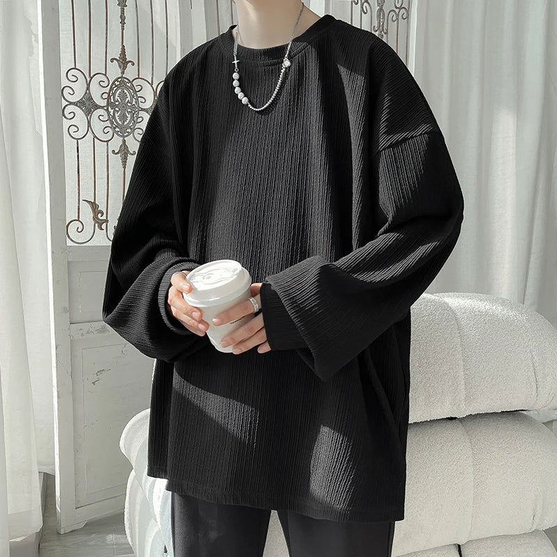 2024 Spring Autumn Casual Long Sleeve T Shirts Men Loose Round Neck T-shirts Male Fashion Harajuku Korean Streetwear Tops Tees