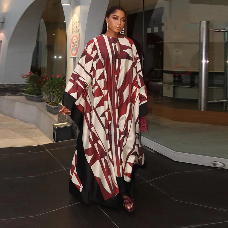 Fashion Print Pleated Long Dresses Women Party O-neck Full Sleeve Female Holiday Dresses 2025 Summer Lady Elegant  Robes