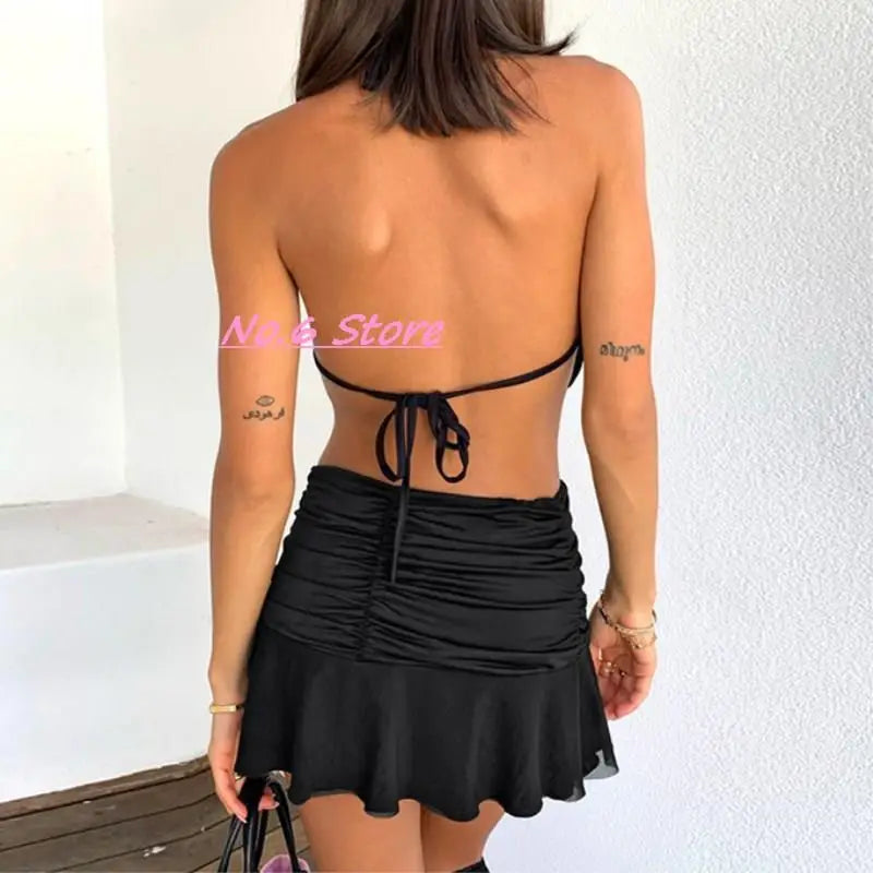 2022 Sexy Two-piece Solid Color Mini Skirt Female Sexy V-neck Crop Top + Elastic Waist Short Skirt Suit Harajuku Y2k Summer Suit