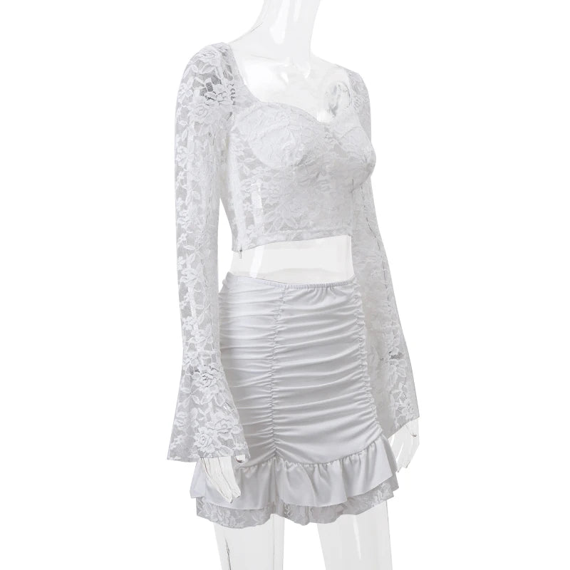 WhereMery French Elegant Y2K Lace See-through Long Sleeve Crop Top and Ruched Slim Skinny Mini Skirt Fashion Women's 2 Piece Set