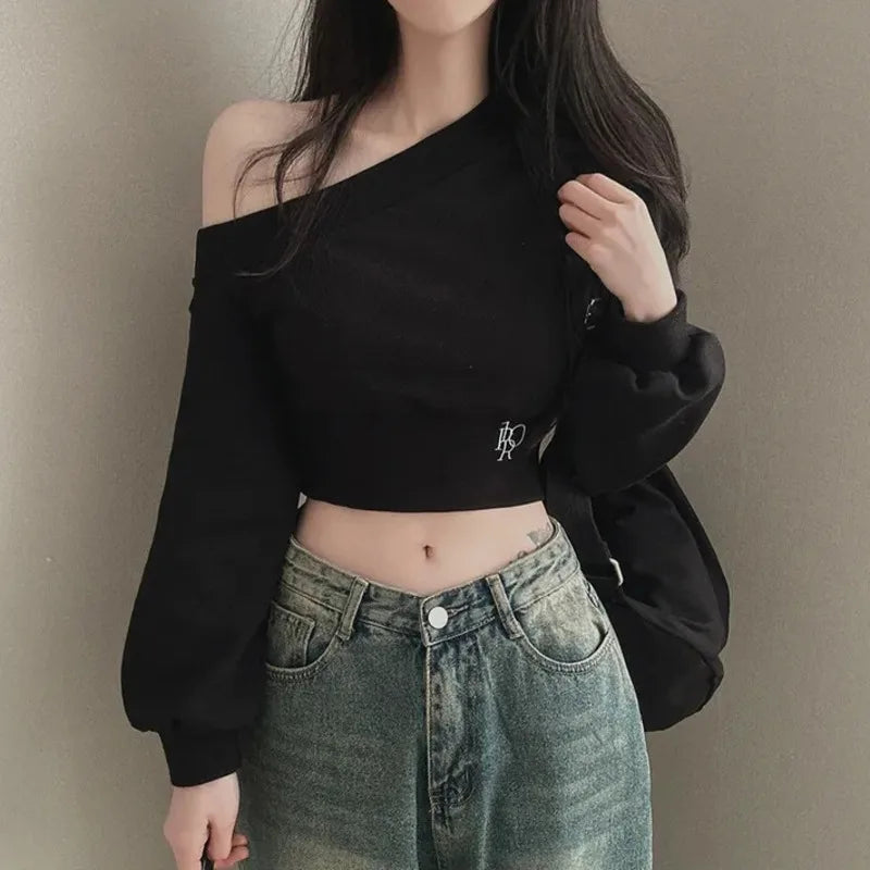 2025 Spring New Irregular Skew Collar Hoodies Women Sexy Fashion Sweatshirts Long Puff Sleeve Short Solid Slim Pullover Tops