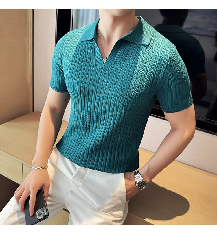 Men Striped Polo Shirt 2025 Summer Light Thin Breathable Solid Casual Elastic Slim Fit Short Sleeved V-neck T-shirt Men Clothing
