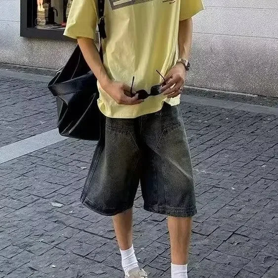 American Style Vintage Men's Denim Shorts Streetwear Straight-Leg Wide-Leg Distressed Casual Pants Trendy Summer Wear