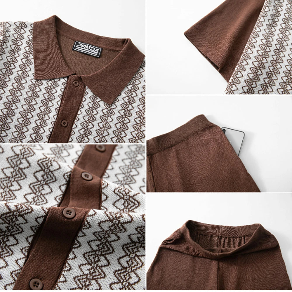Men's Cardigan Knitted Short-Sleeved Shorts Suit Retro Casual Fashion Trend Loose Breathable Daily 2025 Summer New Men's Suit