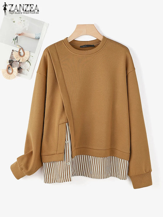 ZANZEA Women Long Sleeve Hoodies 2024 Autumn Fake Two Piece O-Neck Sweatshirt Fashion Loose Stripes Splicing Front Slit Pullover