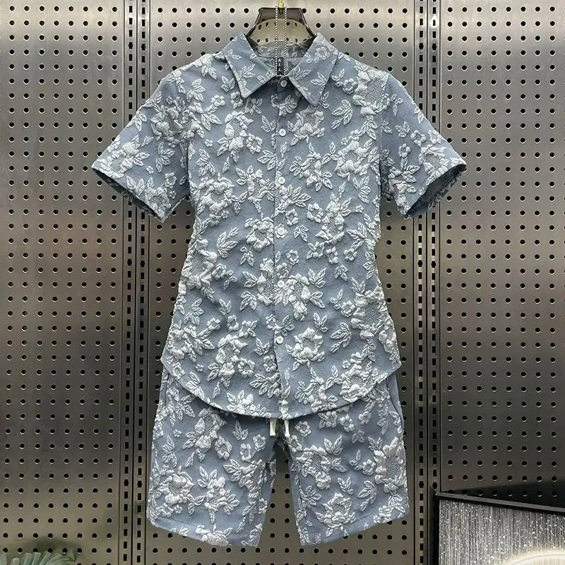 Summer New Relief Couple Thin Casual Two-piece Suit Men's Lapel Shirt Short Sleeve Trendy Shorts Comfortable Skin-friendly