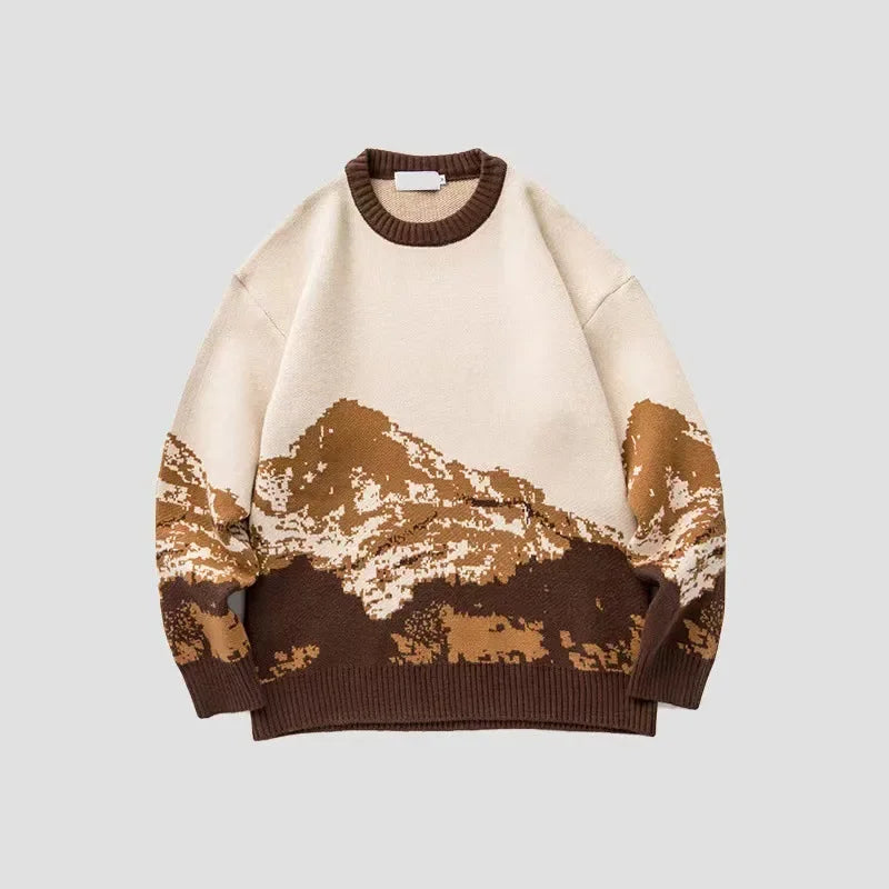 Autumn Winter Trendy Round Neck Men's Sweater Loose-fit Knitted Top Long Sleeve Jacket Casual Scene Snow Mountain System