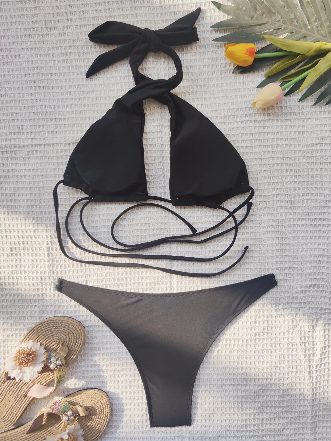 2025 Summer Women's Halter Lace-Up Swimsuit Backless Bikini Set Sexy Hollow Out Swimwear High Waist Monokini Beach Bathing Suits