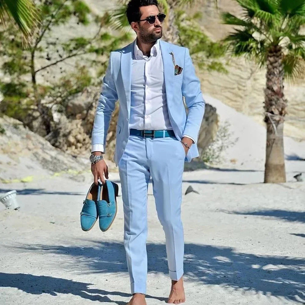 Blue 2 Piece Jacket Pants Men's Suits Beach Travel Single Breasted Peaked Lapel Casual Men's Suits Blazer Terno Slim Fit Tailor
