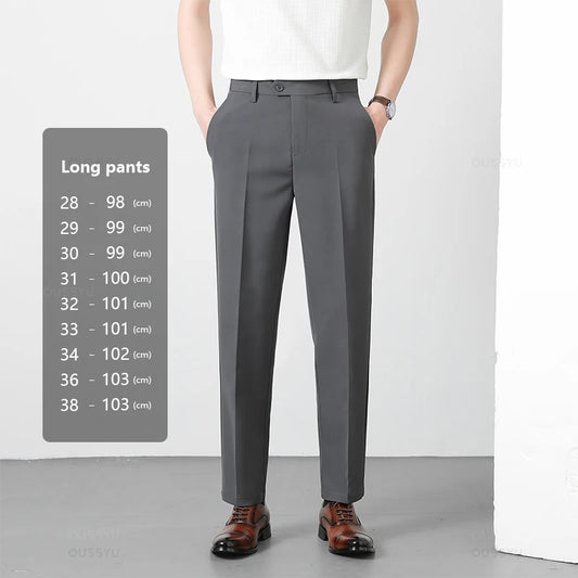Spring Summer Suit Pants Men Business Smooth Slim Business Office Social Elastic Waist Ankle Length Formal Korean Trousers Male
