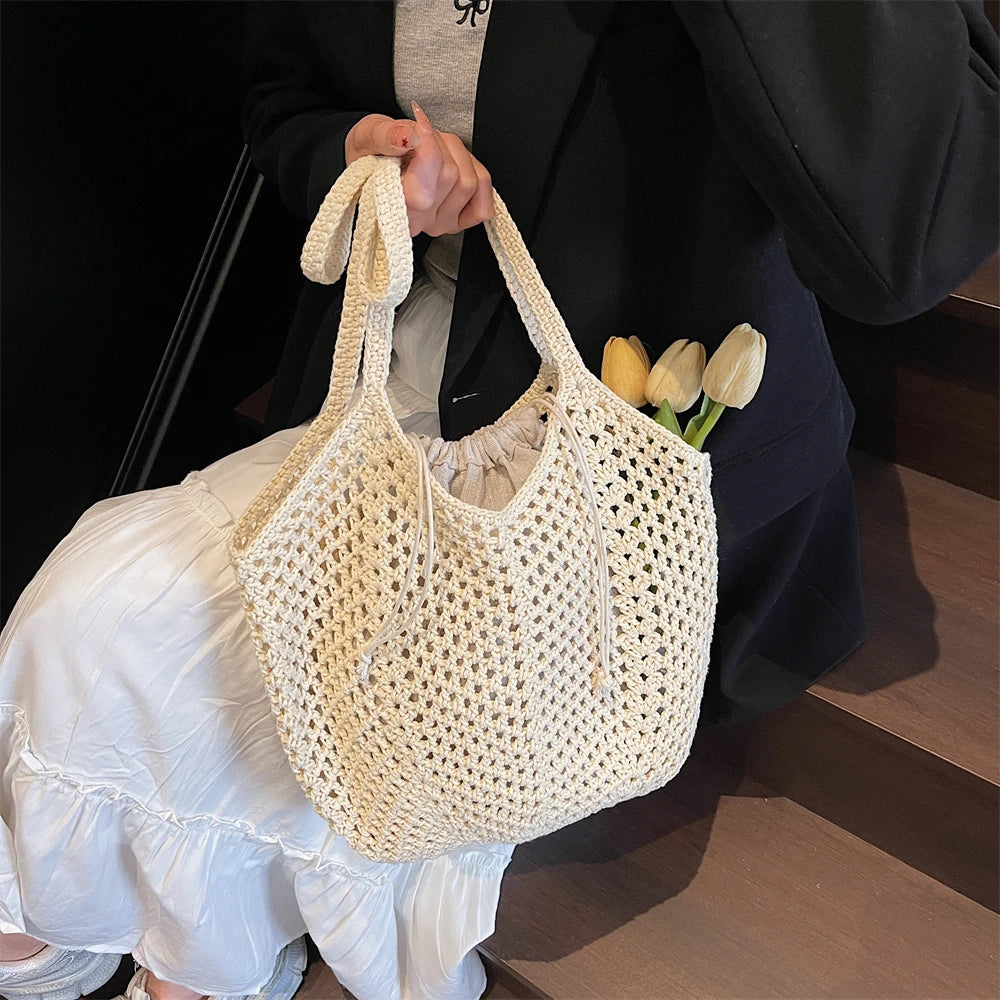 2025 Latest Summer Beach Straw Woven Tote Bag For Women 2-IN-1 Hollow-out Lightweight Large Capacity Shopper Shoulder Bag Female