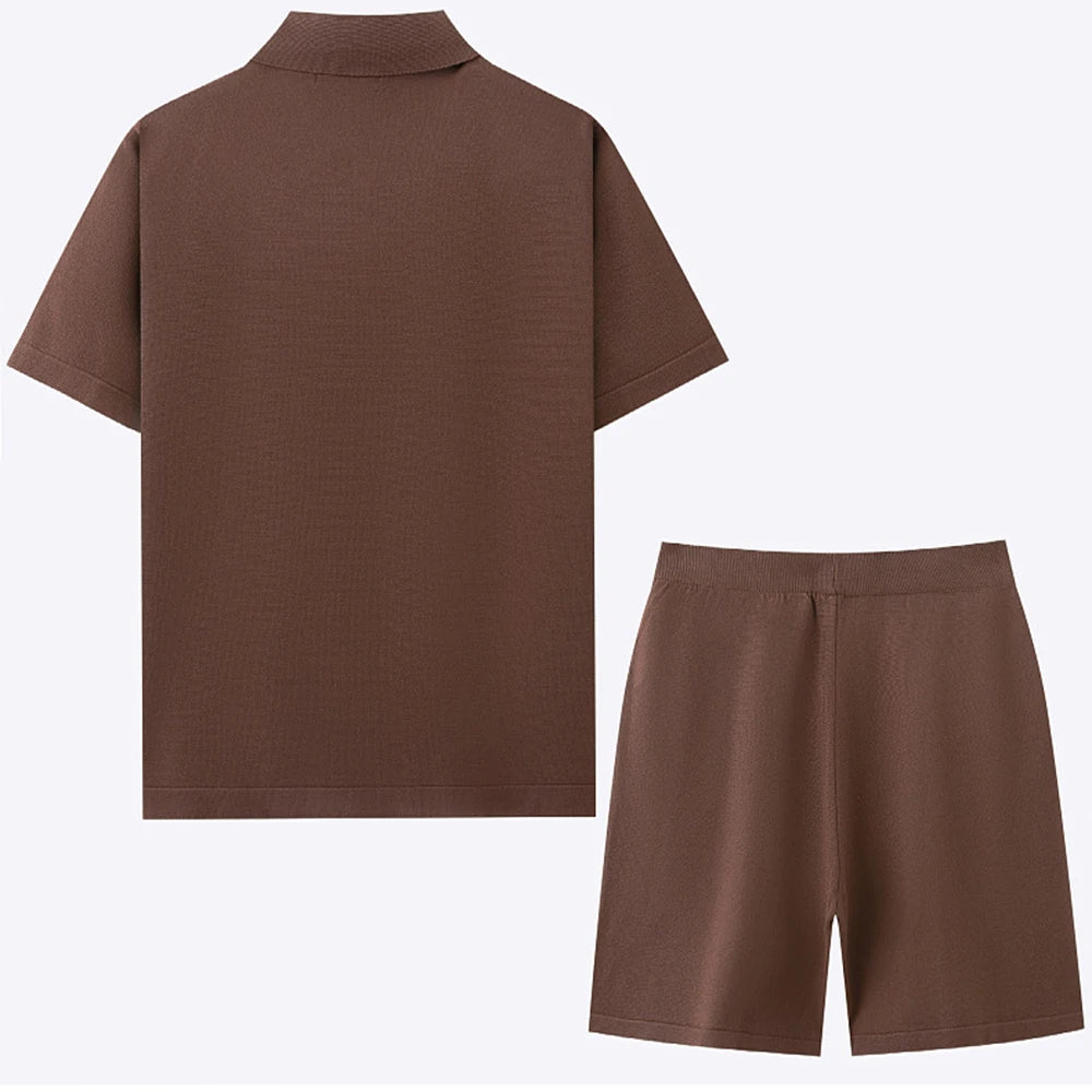 Men's Cardigan Knitted Short-Sleeved Shorts Suit Retro Casual Fashion Trend Loose Breathable Daily 2025 Summer New Men's Suit