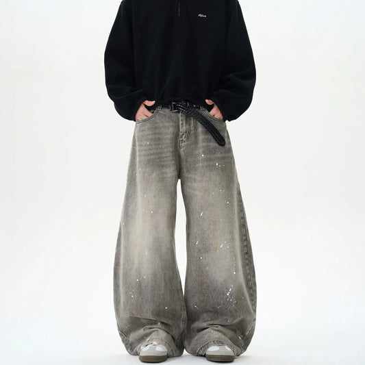 Retro American Washed Grey Splatter Ink Wide Leg Loose Jeans Men's Brand Street Style Loose Trousers Casual Straight Cut