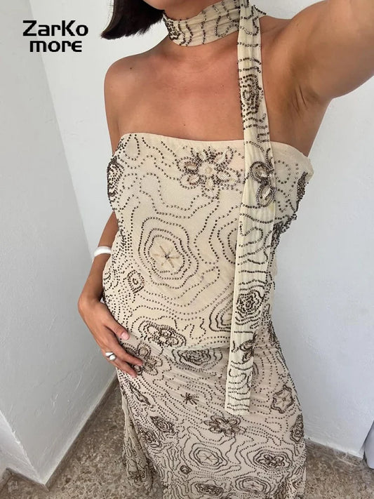 Sexy Beaded Halter Vest Long Skirt Sets Women Slim Backless Cropped Top Mermaid Skirts 2025 Summer Lady Beach Embroidery Outfits