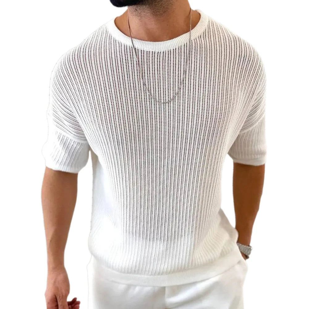 Summer New Men's Solid Color Knitted Hollow Short-Sleeved T-Shirt Retro Fashion Trend Casual Simple Daily Breathable Men's Tops