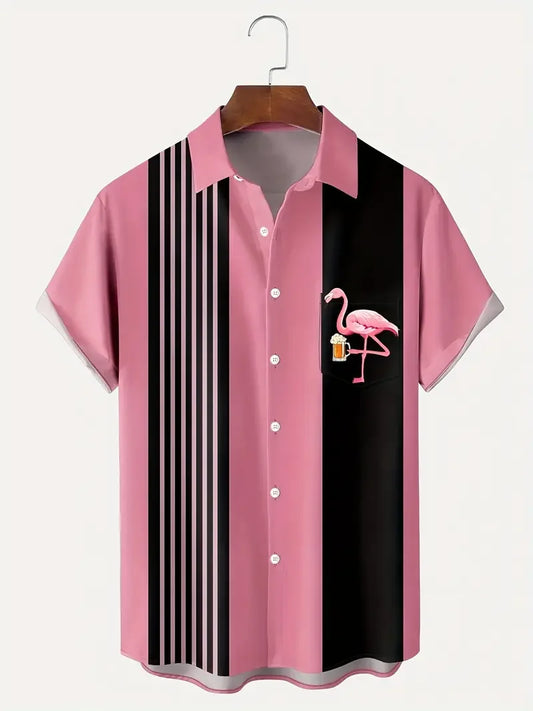 Summer Hawaiian Flamingo Print Men's Funny Short Sleeved Women's Blouses Beach Shirts Lapel Casual Button Shirt Men Clothes