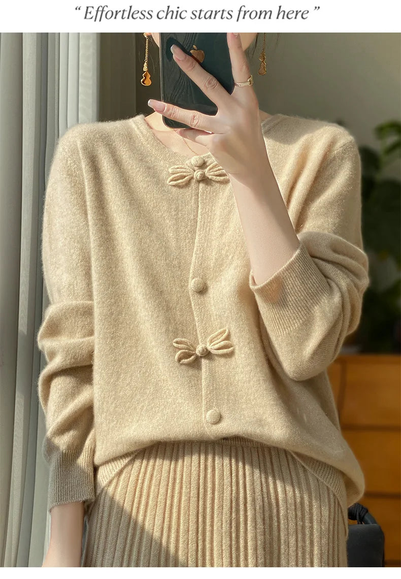 Women New Fashion Autumn Winter 100% Merino Wool Sweater O-neck Chinese Style Buckle Cardigan Soft Knitwear Female Clothing Tops