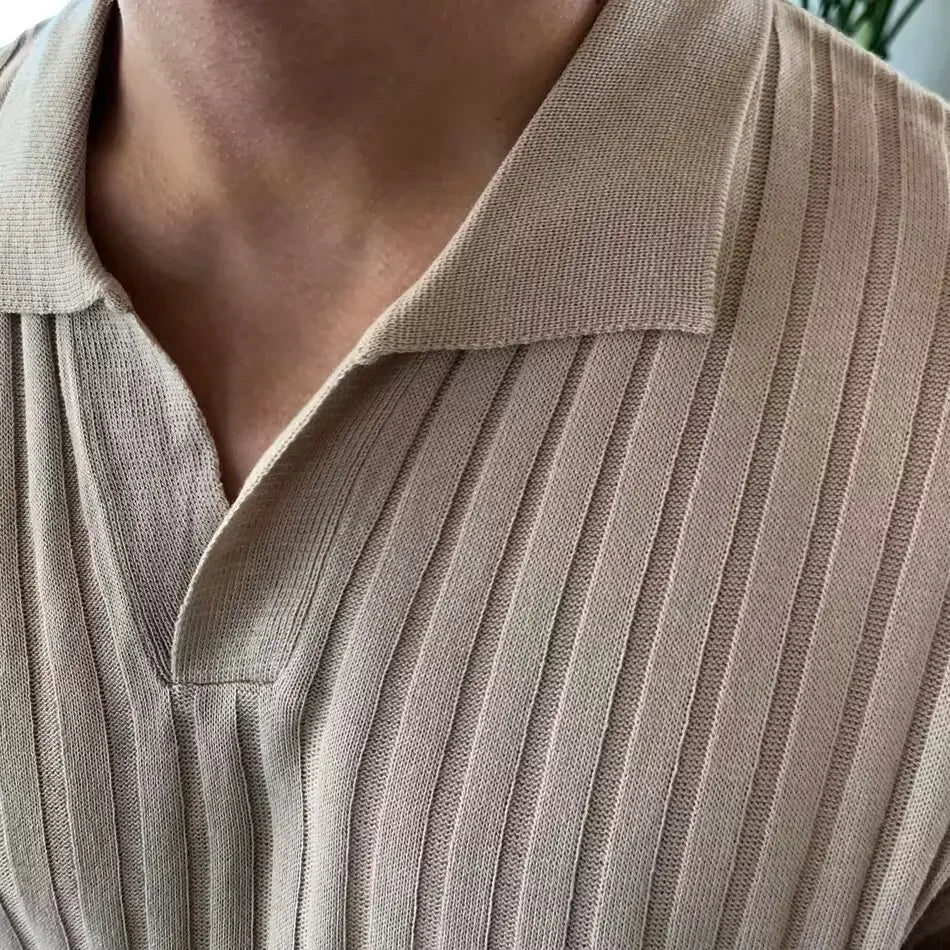 Summer New Light Maturity Knitted Polo Shirt Men's Korean Style Slim Fit Collar Pure Color Casual T-Shirt Cross-Border