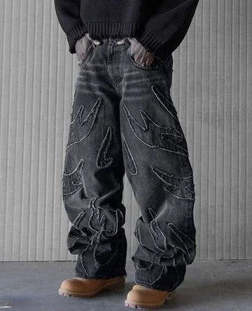 90s Streetwear Retro Hip Op Flame Embroidery Loose High Waisted Men Jeans Female Y2K New Harajuku Gothic Wide Leg Pants