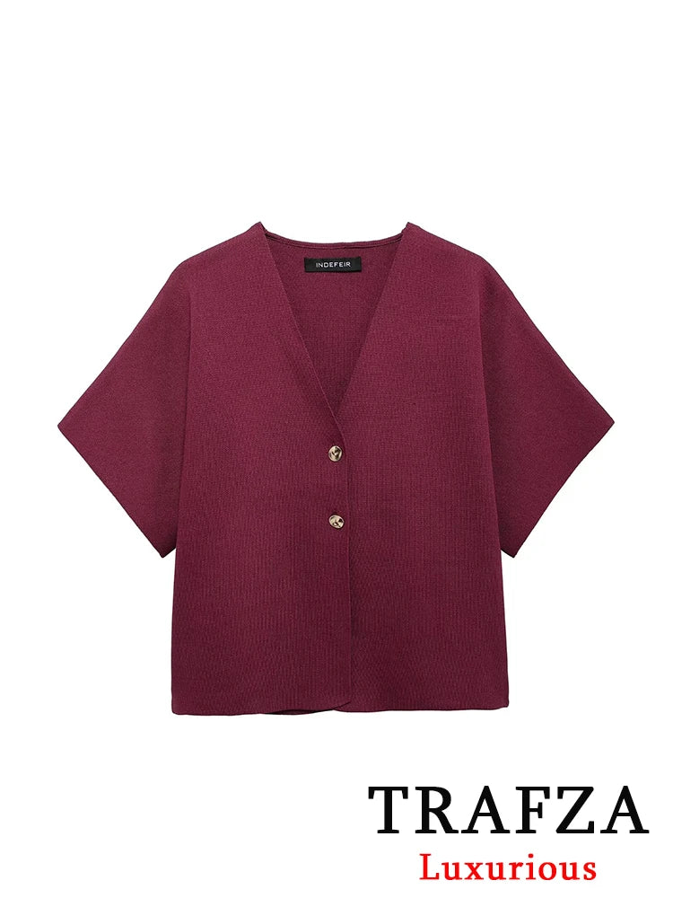 TRAFZA Vintage Casual Chic Knitted Sweaters Women Gold Buttons V-Neck Short Sleeve Cardigans Fashion 2024 Autumn Winter Tops