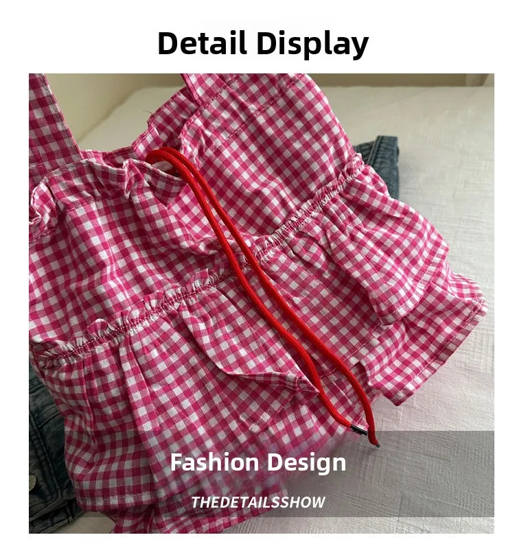 Korean Sle Large Capaci Canvas Tote Bag Blue Plaid Single oulder Skirt Pleated Gown Bag Faionable Casual Handbag