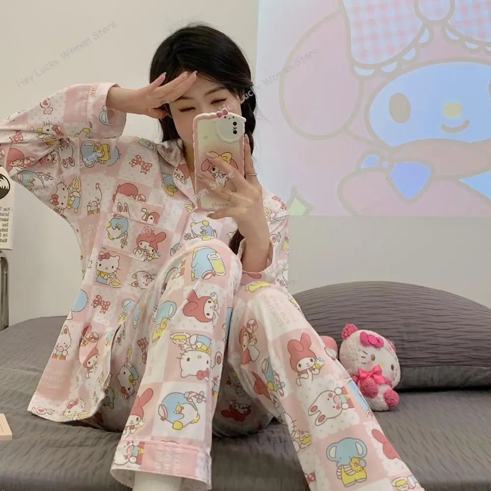 Cartoon Sanrio My Melody Long-Sleeved Pajamas Set Kawaii Cinnamoroll Printing Spring Autumn Thin Cute Girls Casual Home Clothes