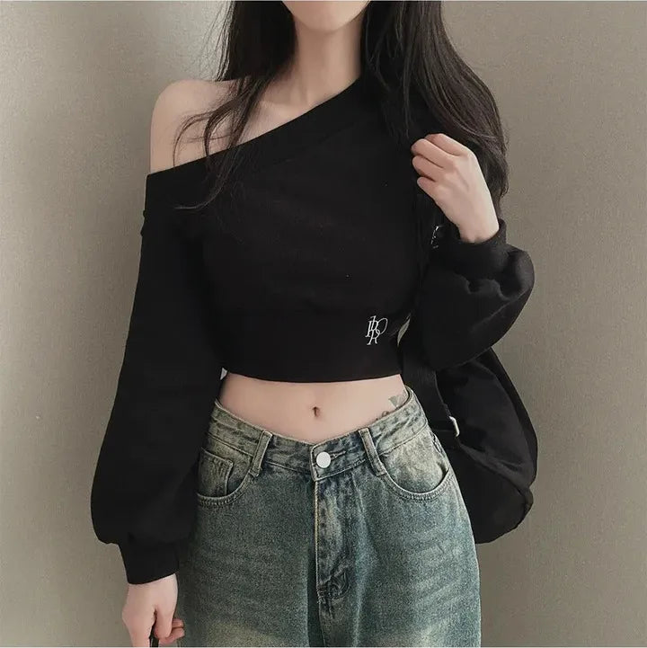 2025 Spring New Irregular Skew Collar Hoodies Women Sexy Fashion Sweatshirts Long Puff Sleeve Short Solid Slim Pullover Tops