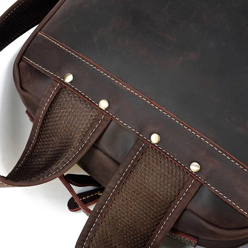 Vintage Travel Backpack leather double zipper bagpack male crazy horse leather backpack handmade leather travel bag men bag