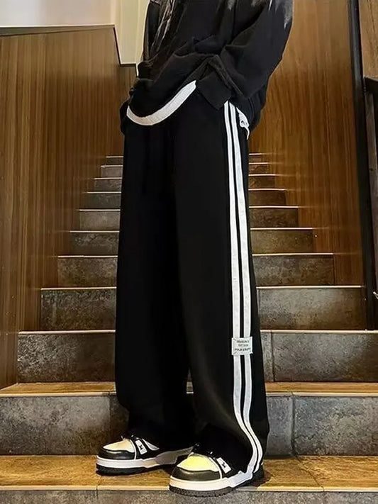 2024 new casual pants men's American high street loose straight sweatpants stripes two pole sports wide-leg pants