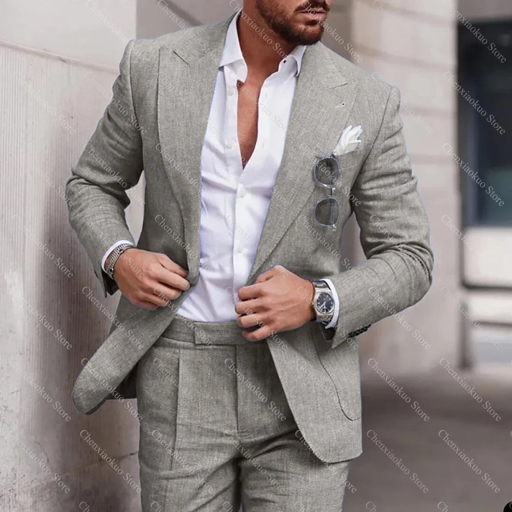 Fashion Linen Suits for Men High Quality Peak Lapel Double One Button Male Suit Slim Chic Casual Wedding Tuxedo 2 Piece Costume